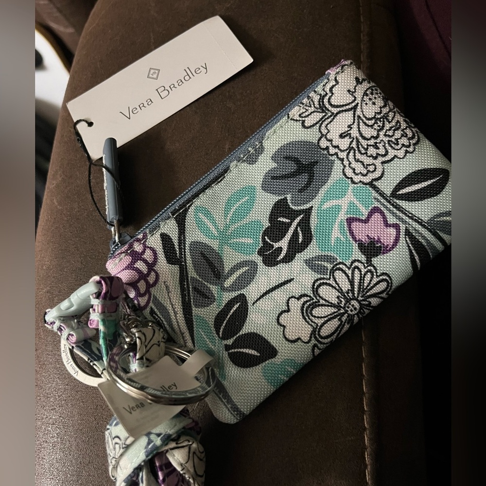 Vera Bradley Aqua Mint and Purple Floral Zip Wristlet ID Lanyard